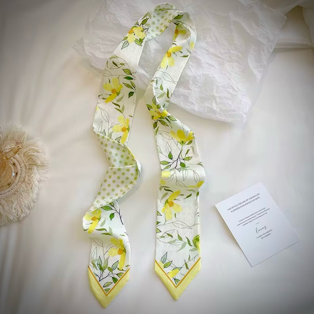 Floral Silk Skinny Scarf - Yellow and Green